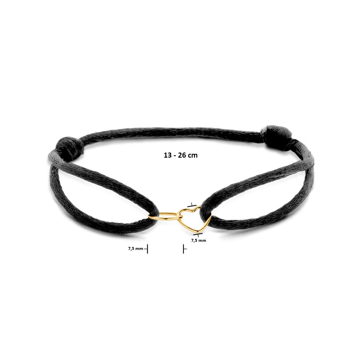 armband satijn zwart hart en rondje 13 - 26 cm
