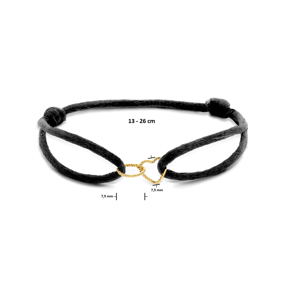 Armband satijn zwart hart en rondje gedraaid 13 - 26 cm