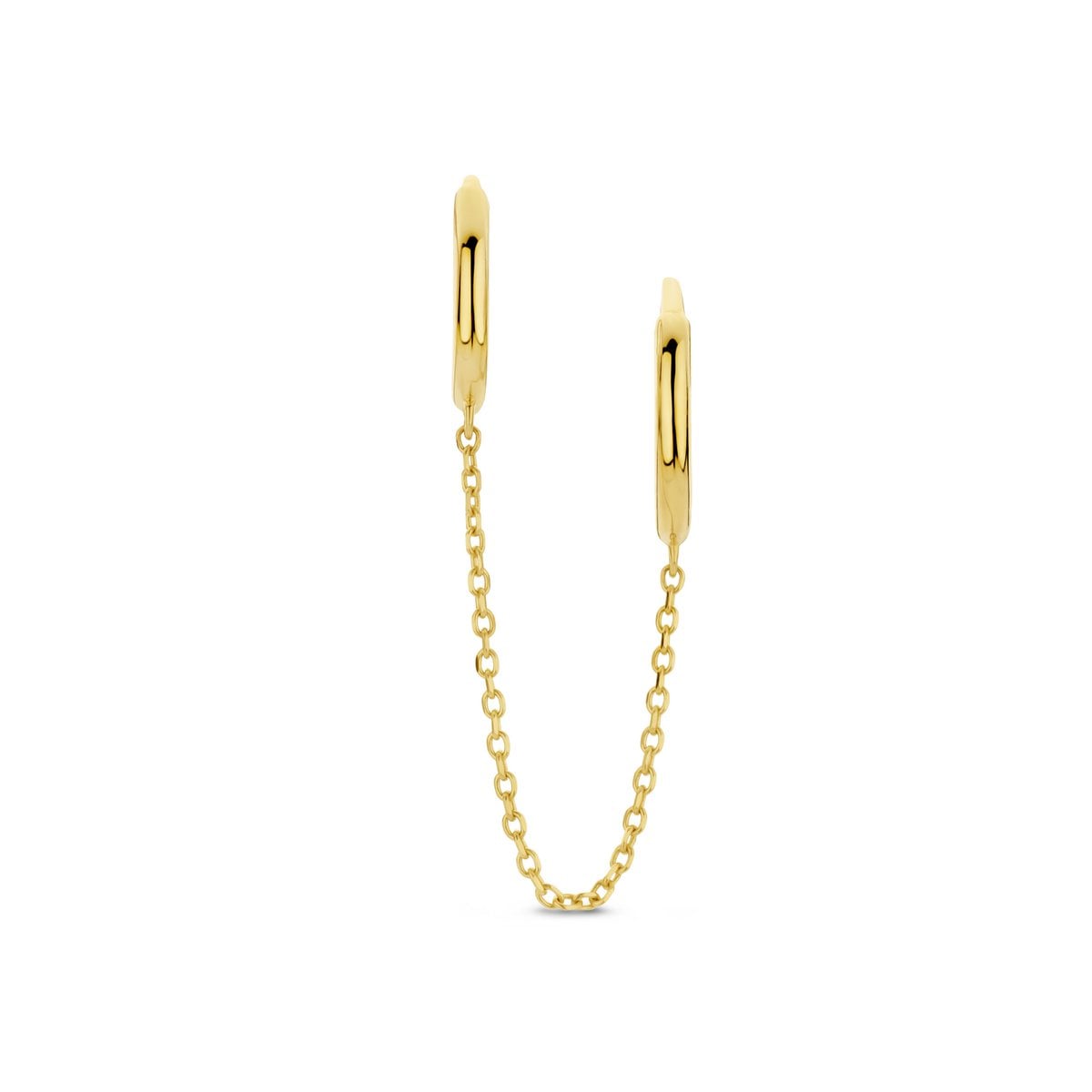 Gouden oorbellen met Kettinkje - Earparty - Oorringen - 8,5+10mm - 30mm Lengte Ketting - 14 Karaat - Goud.