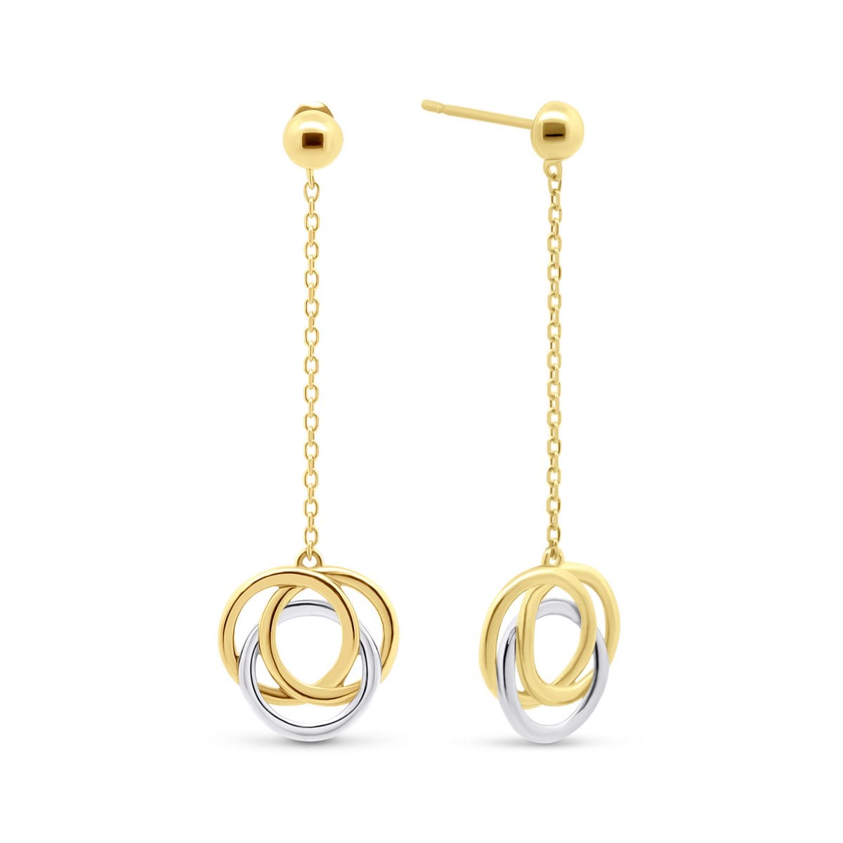 Gouden oorbelhangers 3 cirkels witgoud en geelgoud - 14 karaat