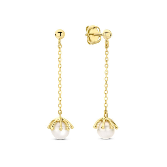 14K Goud - Oorhangers – Ketting met Parel – Dames Oorbellen